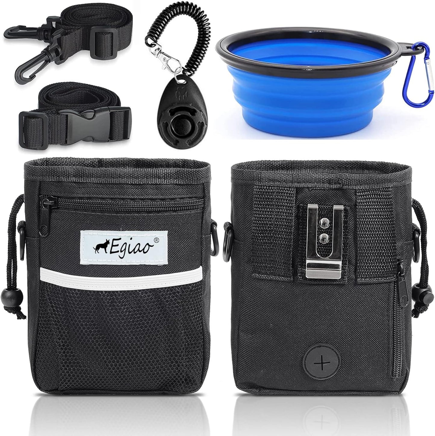 Dog Treat Pouch with Drawstring Closure, Puppy Training Bag, Built-in Pet Poop Bag Dispenser, Waist Belt Clip, 3 Ways to Wear