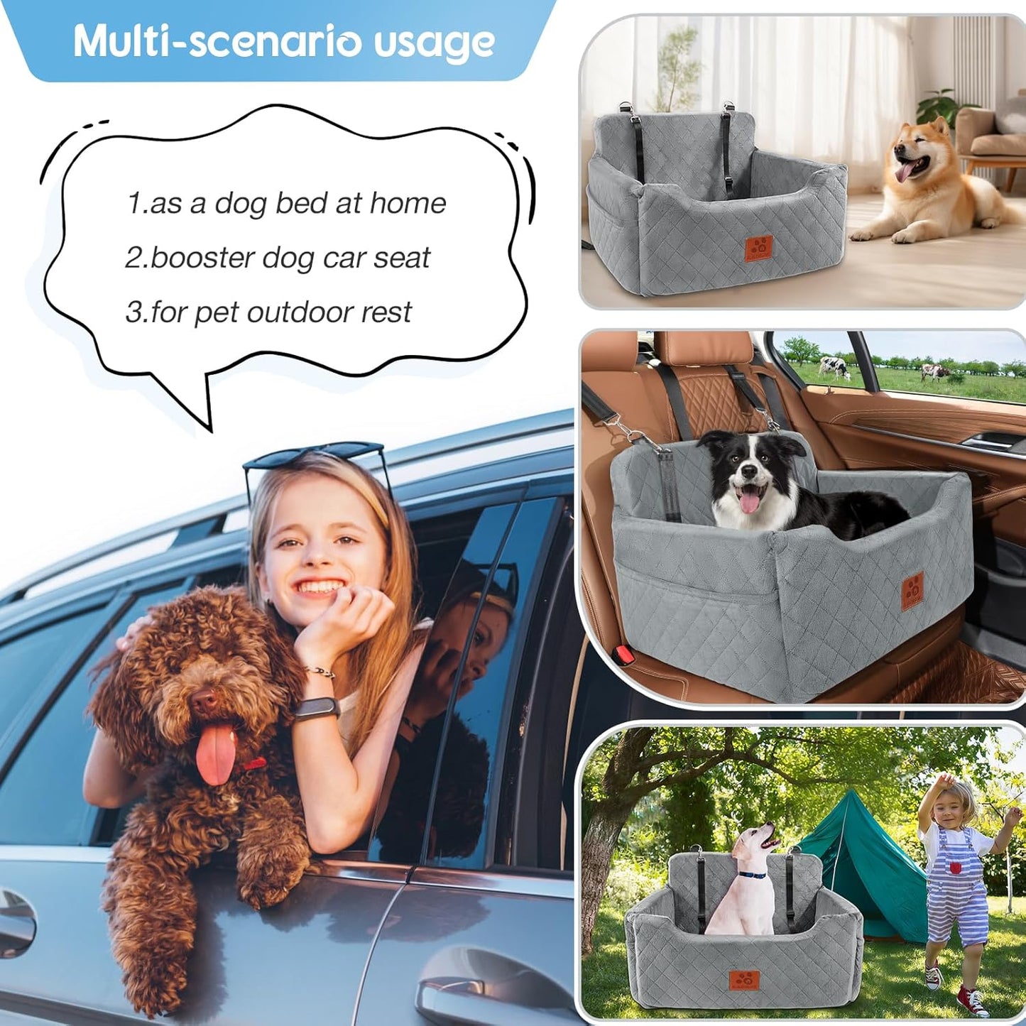 Dog Car Seat for Medium/Large Dogs, Dog Booster Seat for Pet Under 50lbs or 2 Small, Detachable and Washable Pet Car Seat,Multi-Functional Pet Travel Bed for Backseat(Grey)