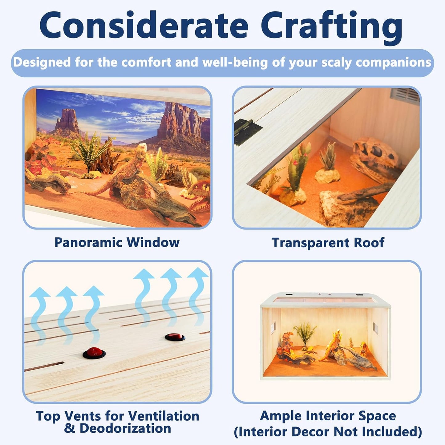 Prolee Reptile Terrarium, Lizard Tank Up to 68 Gallons, Bearded Dragon Tank with Roof Door, Snake Tank with Built-in Lamp Fixture and Switch (21 Gallon, 24" Long, Openable Wood Roof)