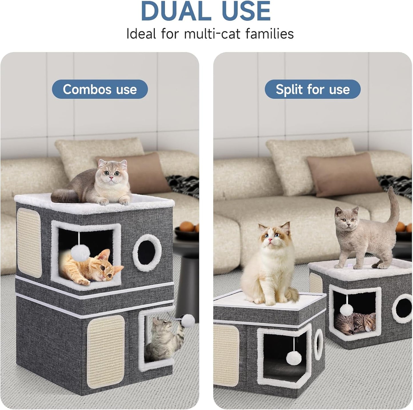 2-Storey Cat House for Indoor Cats, Separate Into 2 Large Cat Bed Cave with Hideaway Condos, Scratch Pads, Hanging Balls, Foldable Indoor Cat House Hold Up to 30LBS, Cat Cube for Multiple Cats Kitten