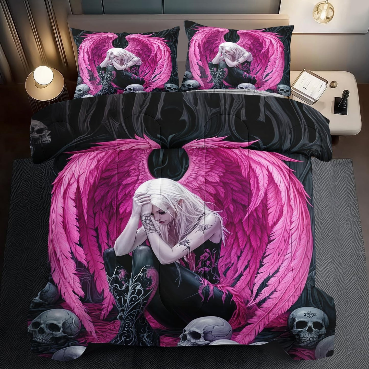 Gothic Skull Comforter Set Full for Adults,Angel Wings Bedding Set Pink for Girls,Sexy Angel Comforter Bedroom Decor Teen,Gothic Skull Bedding Decor Pink Wings Quilt