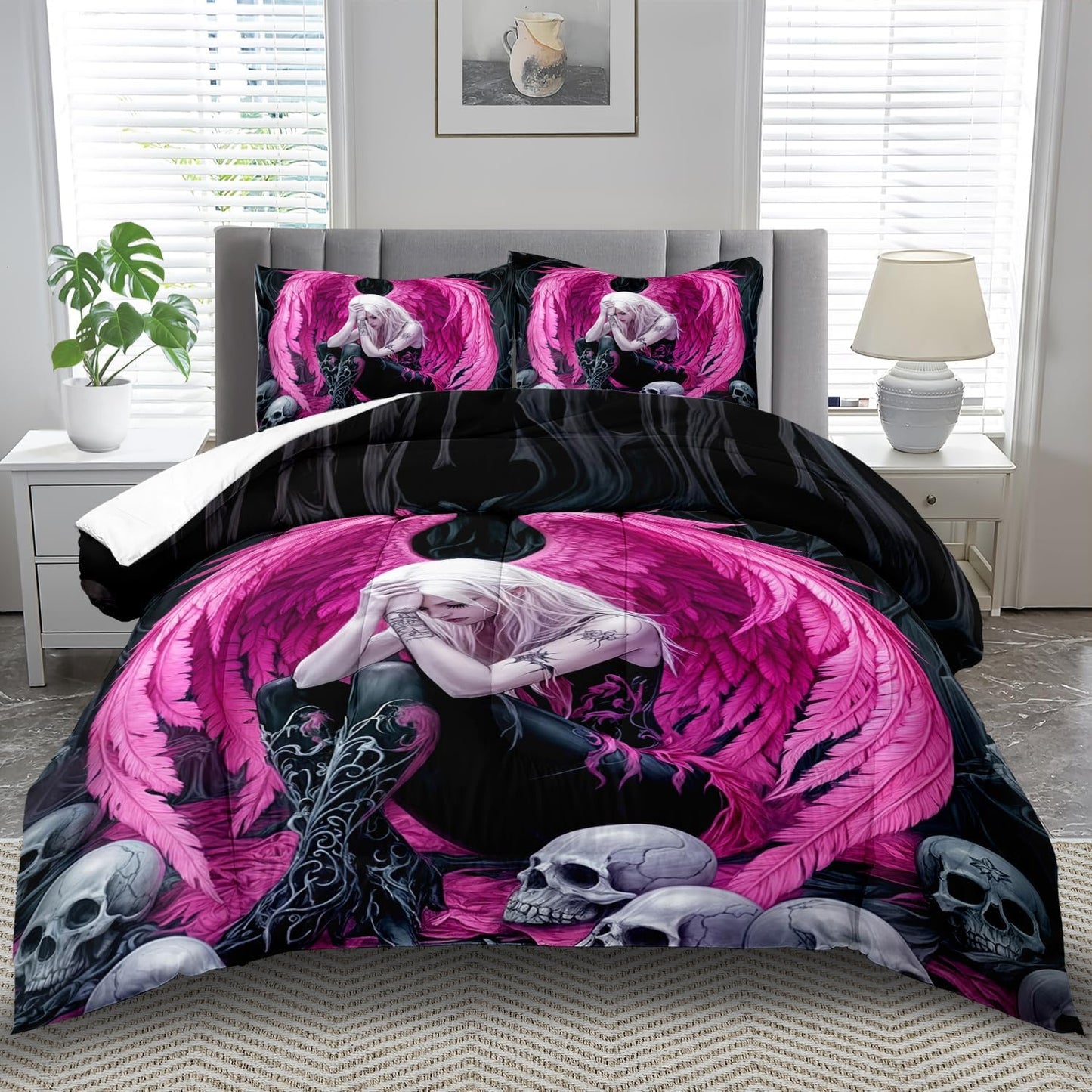 Gothic Skull Comforter Set Full for Adults,Angel Wings Bedding Set Pink for Girls,Sexy Angel Comforter Bedroom Decor Teen,Gothic Skull Bedding Decor Pink Wings Quilt