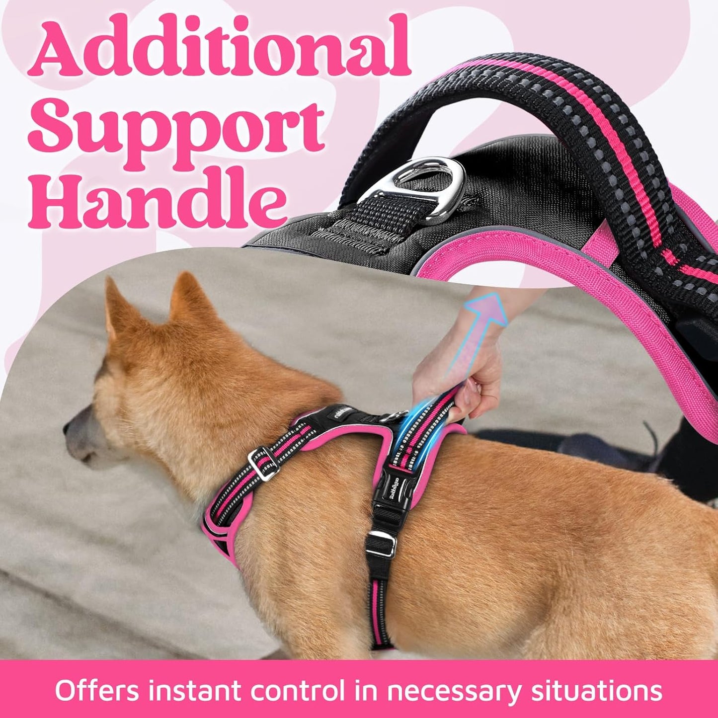 rabbitgoo Dog Harness Small Sized, No Pull Dog Vest with 3 Buckles, Adjustable Soft Padded Pet Harness with Easy Control Handle and Reflective Strips, Black & Rose Pink, S