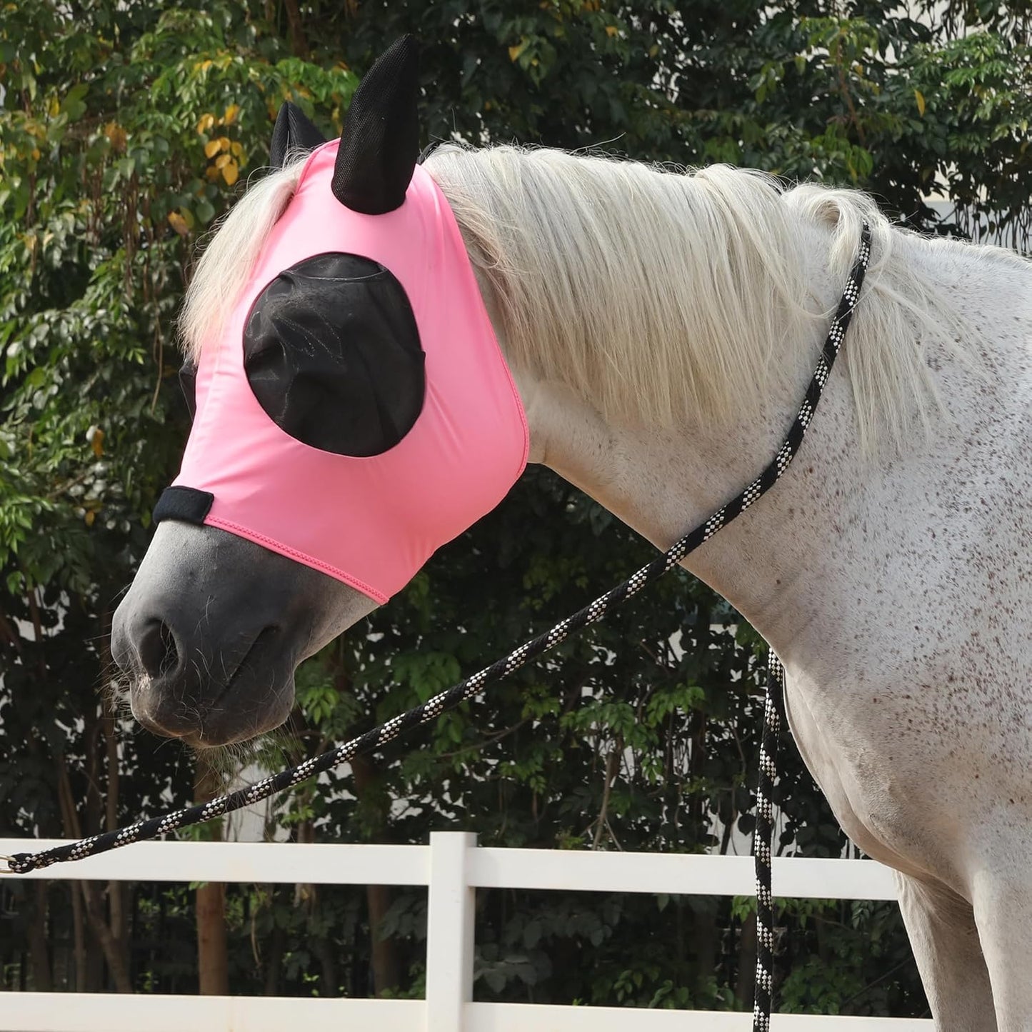 Horse Fly Mask with Ears - Large Eye Space for Full Vision, Breathable Stretch Comfort Fit, UV Protection, Forelock Opening, Easy Pull-On Pink Cob