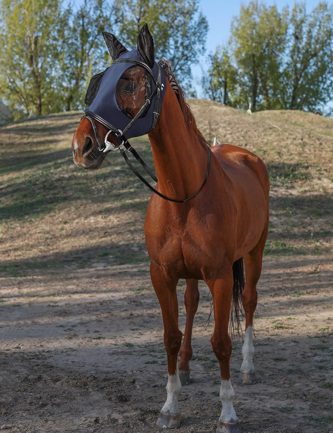 Horse Fly Mask with Ears, UV Protection Mask for Horses, Elasticity Mask with Big Mesh Eye Covers, Snug Fitting Comfortable Breathable Lightweight Navy Cob