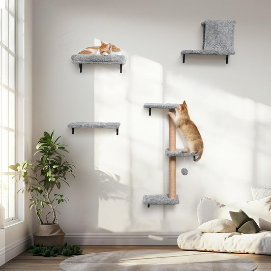 FUKUMARU Cat Wall Shelves, Stable & Safe 4 in 1 Cat Furniture Set, Wooden Climbing Wall with Scratching Post for 16 Inch Drywall - Light Gray