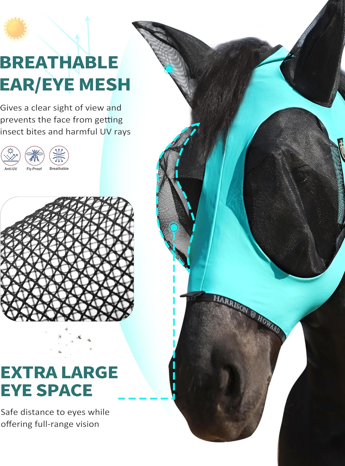 Harrison Howard Horse Fly Mask with Forelock Opening Stretch Breathable and Comfortable for Horses UV -Protection Turquoise Green L