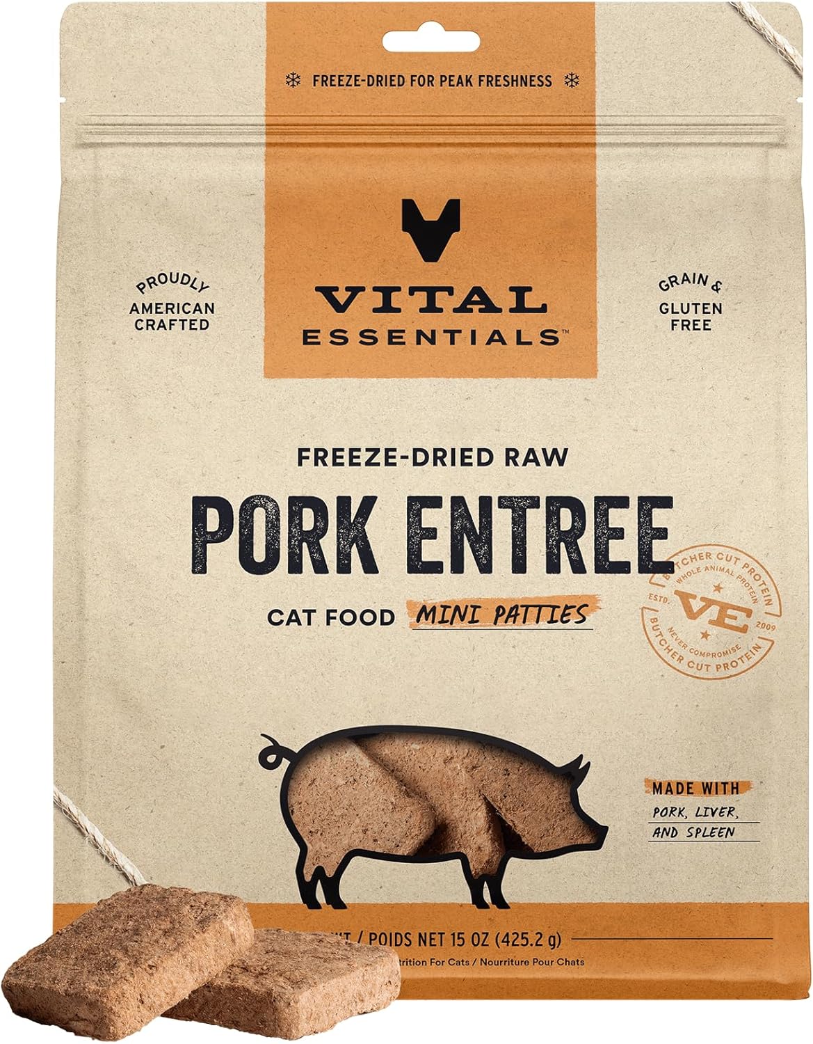 Vital Essentials Freeze Dried Raw Cat Food, Pork Mini Patties Entree, 15 oz