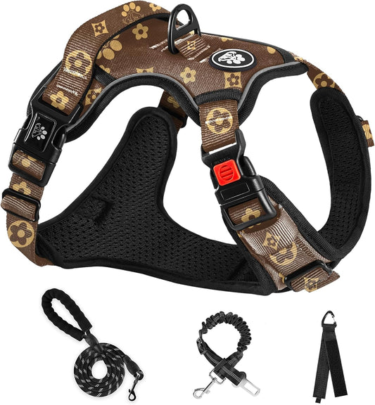 NESTROAD No Pull Dog Harness,Adjustable Oxford Dog Vest Harness with Leash,Reflective No-Choke Pet Harness with Easy Control Soft Handle for Large Dogs(X-Large,Dark Brown)