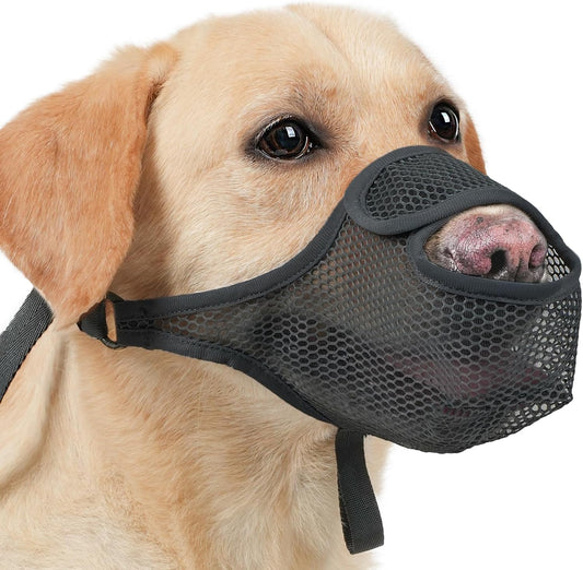 LUCKYPAW Dog Muzzle for Large Medium Small Dogs, Patented Mesh Muzzle to Prevent Biting Chewing Eating, Soft Mouth Guard with Front Opening Design for Drinking Panting(Black, XS)