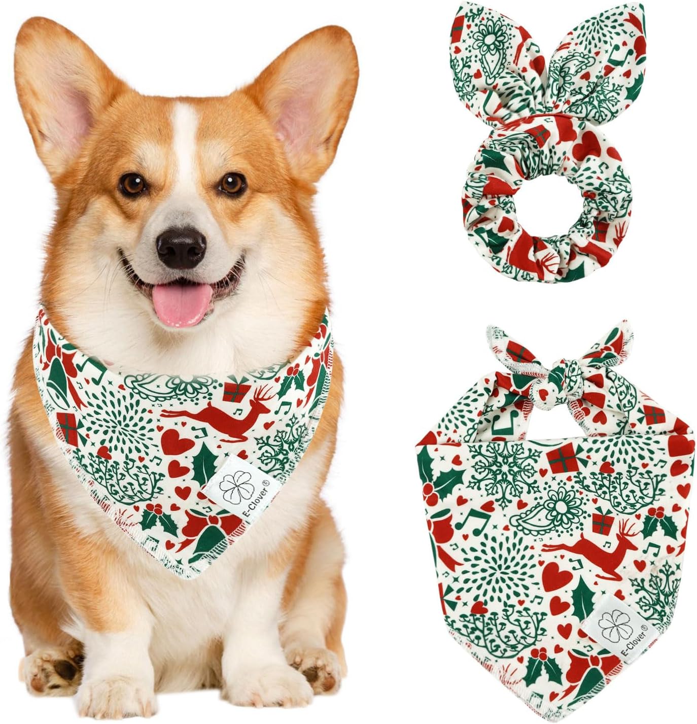 E-Clover Christmas Dog Bandanas & Matching Scrunchie Set White Green Red Dog Scarf Bibs Pet Bandana with Bow Tie for Small Dogs Puppy Owner Mom Winter