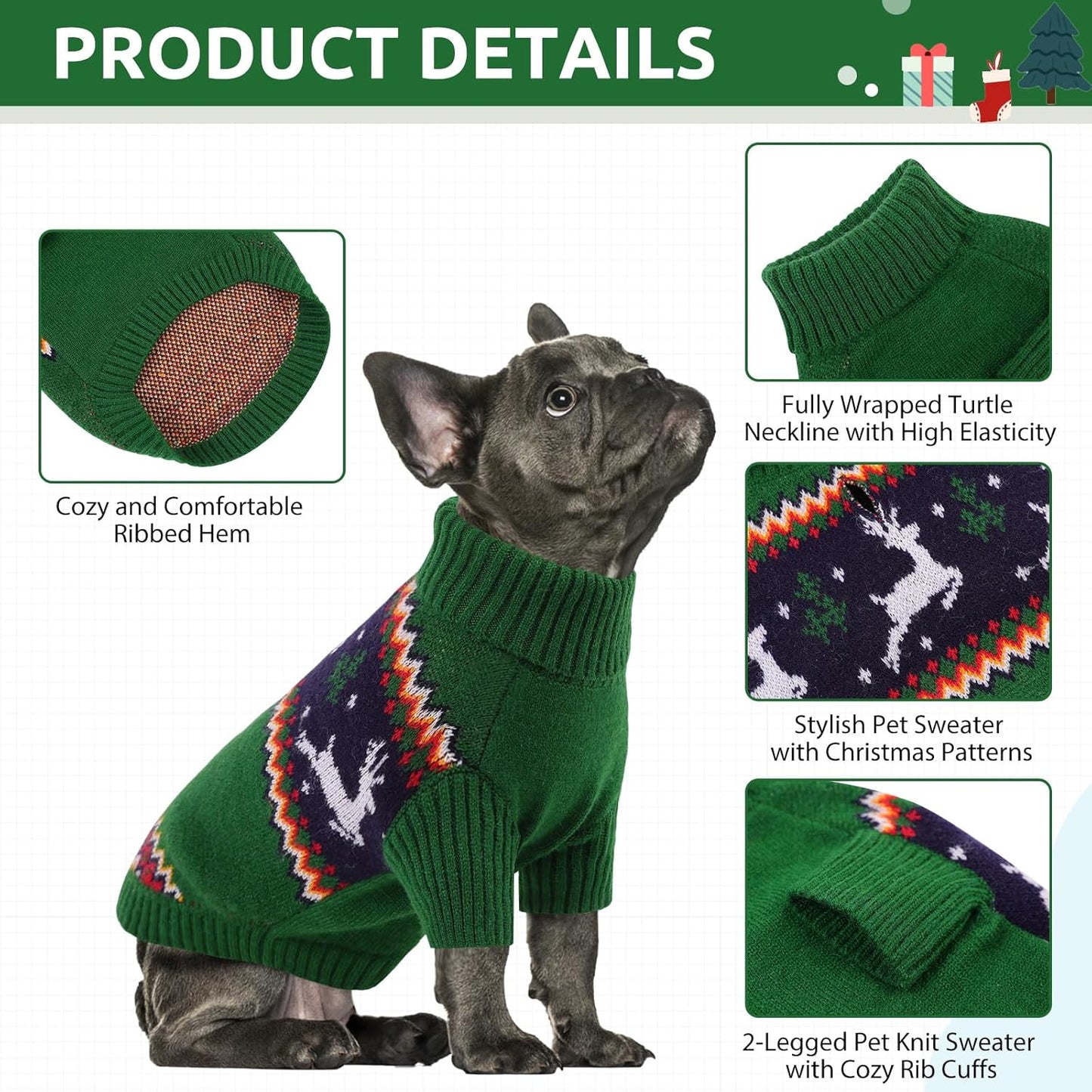 Queenmore Dog Christmas Sweater,Turtleneck Knitted Pullover Xmas Pet Clothes Sweatshirt,Christmas Outfit, Warm Dog Sweaters for Small Dogs Boy Girl,XmasDeer,S