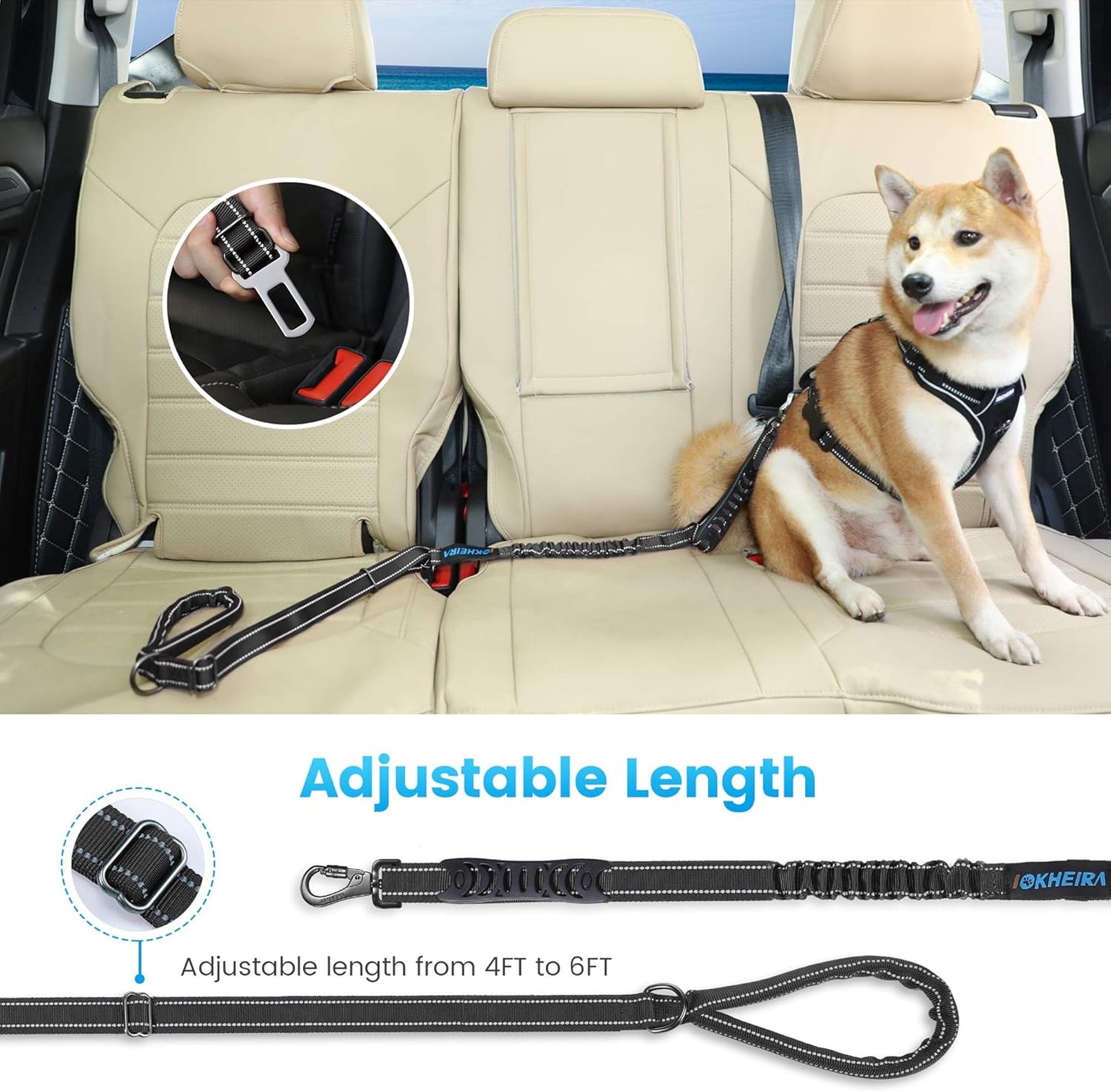 IOKHEIRA 6Ft /4Ft Dog Leash Rope for Large Dogs, Heavy Duty with Comfortable Padded Handle and Highly Reflective Threads,4-in-1 Multifunctional Dog Leashes with Car Seat Belt for Training (Black)
