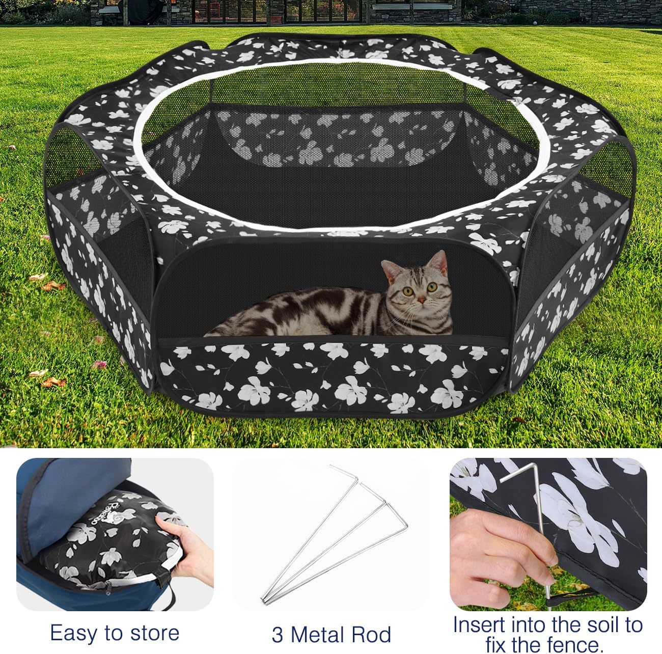 Pawaboo Small Animals Playpen, Waterproof Small Pet Cage Tent with Zippered Cover, Portable Outdoor Yard Fence with 3 Metal Rod for Chick/Kitten/Puppy/Guinea Pig/Rabbits/Hamster/Chinchillas, Magnolia