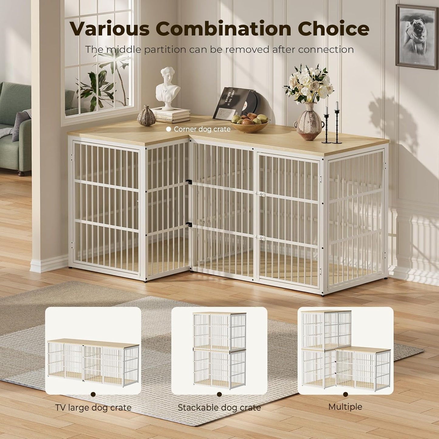 Lyromix 48'' XXL Dog Crate Furniture with 3 Doors,Wooden Crate End Table Heavy Duty Indoor Combination Cage for Medium to Large Dogs, Multiple Units Can be Combined, Natural Beech