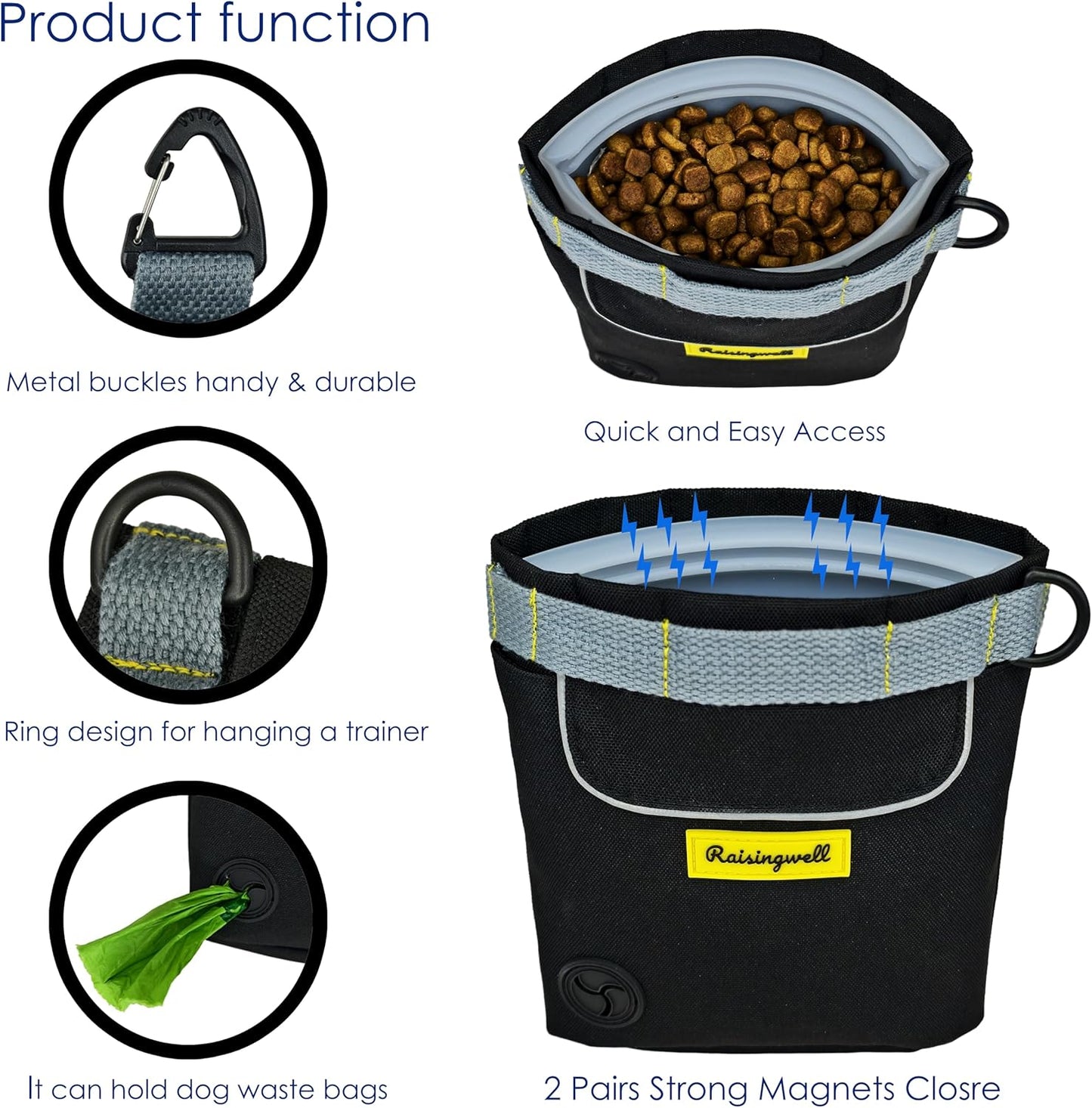 Dog Treat Pouch for Pet Walking and Training with Clicker 2 Cup Silicone Bag Small Fanny Pack Holder for Puppy Snack Dispenser Kit for Leash and Outdoor Use (Black)