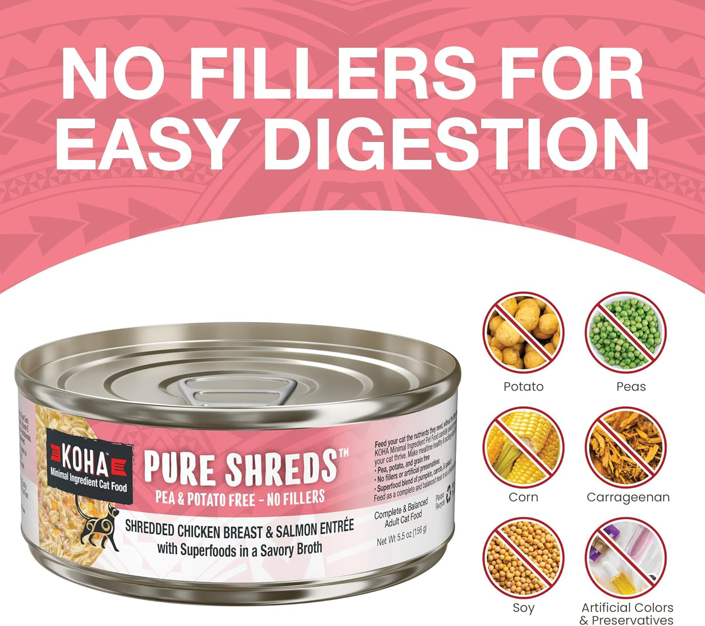 KOHA Pure Shreds Chicken and Salmon Entrée for Cats, High Protein Wet Cat Food, 5.5oz Cans (Pack of 12)