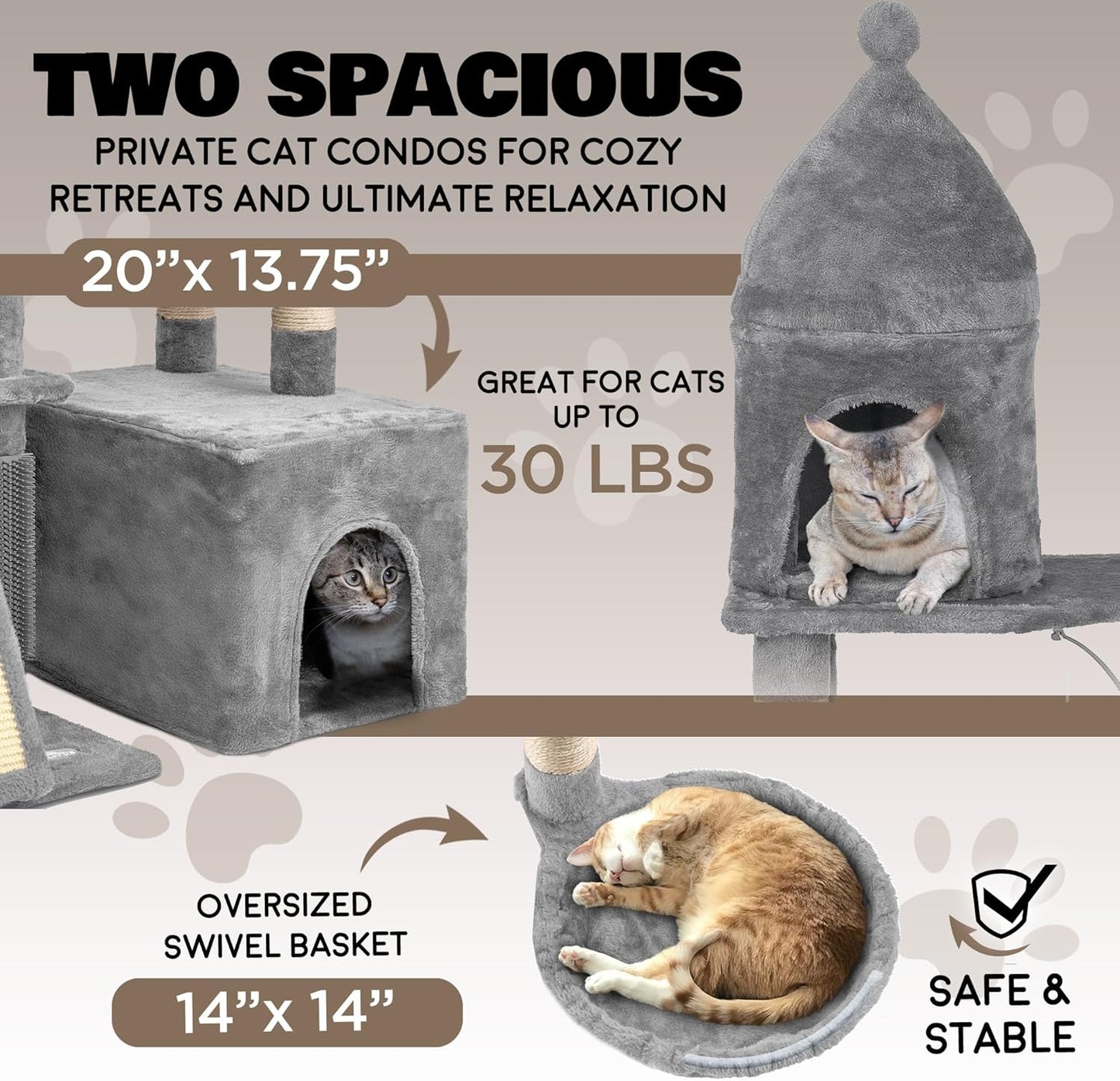 Large Cat Tree Tower for Large Cats, Cat Scratching Post, Self Grooming Post, Interactive Cat Toys, Oversized Perch and Basket, Heavy Duty 72", Light Grey