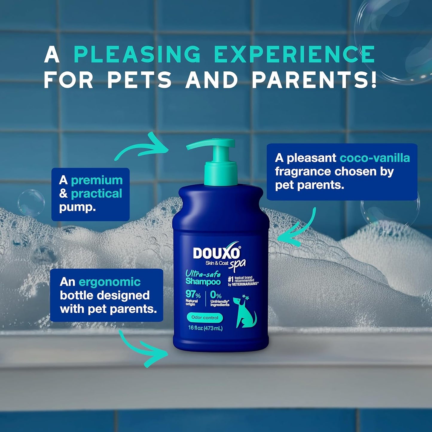 DOUXO® Skin & Coat SPA - Ultra-Safe Odor Control Dog Shampoo for Smelly Dogs, 16 fl oz, Cleans and Hydrates The Skin, Removes Odor, Leaves The Coat Soft and Smelling Great, Skin-Friendly Formula