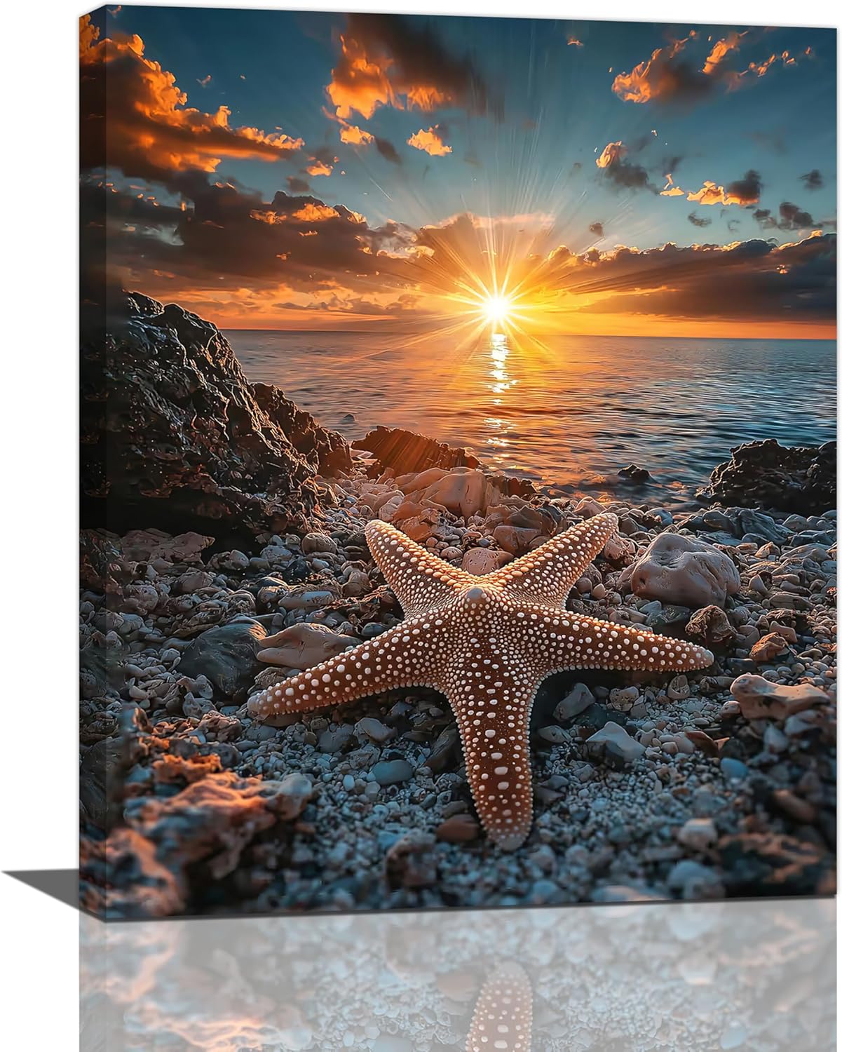 Beach Starfish Wall Decor Ocean Starfish Wall Art Sunset Scenery Coastal Theme Pictures Canvas Nature Seascape Painting Print Framed Artwork Decorations for Home Bathroom Living Room Bedroom Office 16"x20"