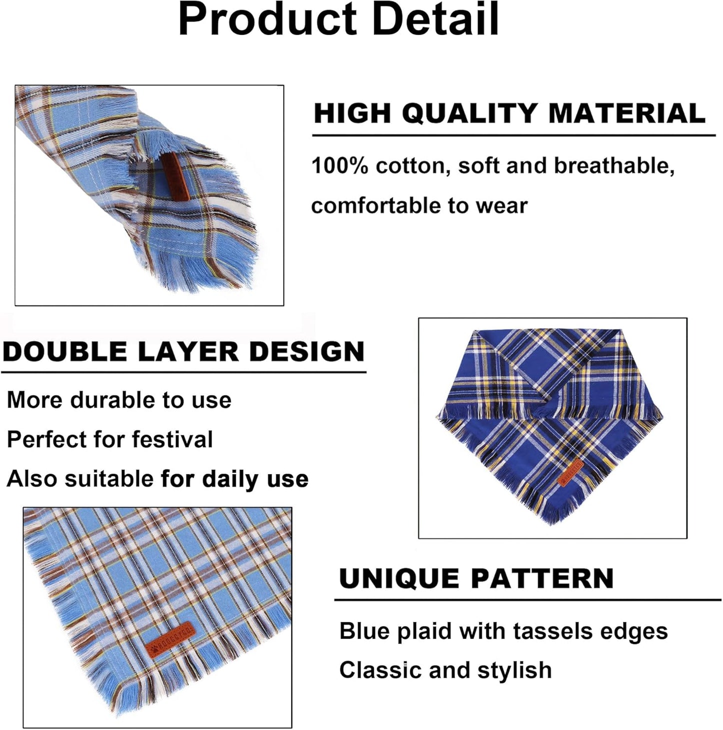ADOGGYGO Dog Bandanas Boy with Tassels Edges, Stylish Blue Plaid Pet Scarf, Soft Cotton Fabric, Adjustable Reversible Plaid Bandanas for Medium Large Dogs (Large)