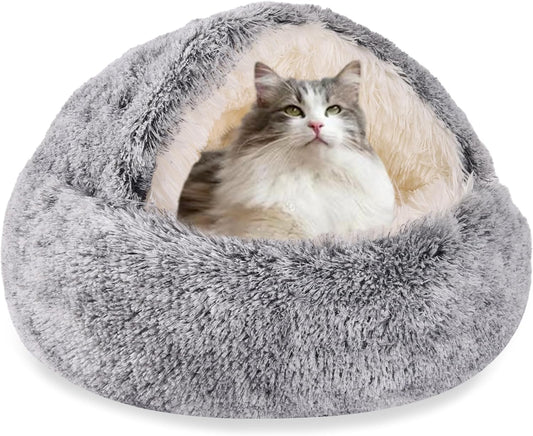 HYQ Small Dog Bed with Cover Cave, Cat Beds for Indoor Cats Washable, Cozy Cat Cave Bed, Round Puppy Bed with Hooded Cover, Dog Beds for Small Dogs with Anti-Slip Bottom (Grey, 20×20 Inch)