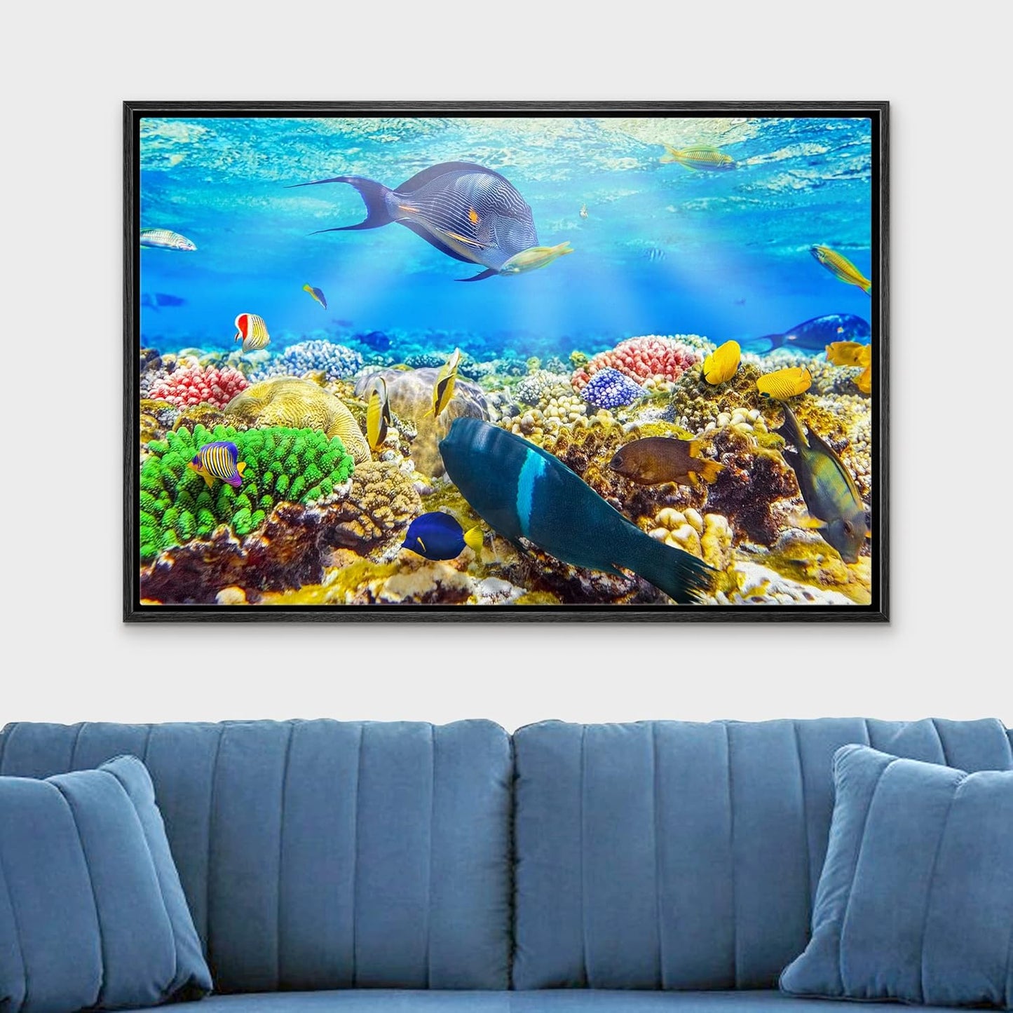 wall26 Framed Canvas Print Wall Art Sunlight Ocean Sea Coral Reef Anemone Fish Nature Animals Realism Rustic Scenic Landscape Wilderness Earth for Living Room, Bedroom, Office - 24"x36" Black