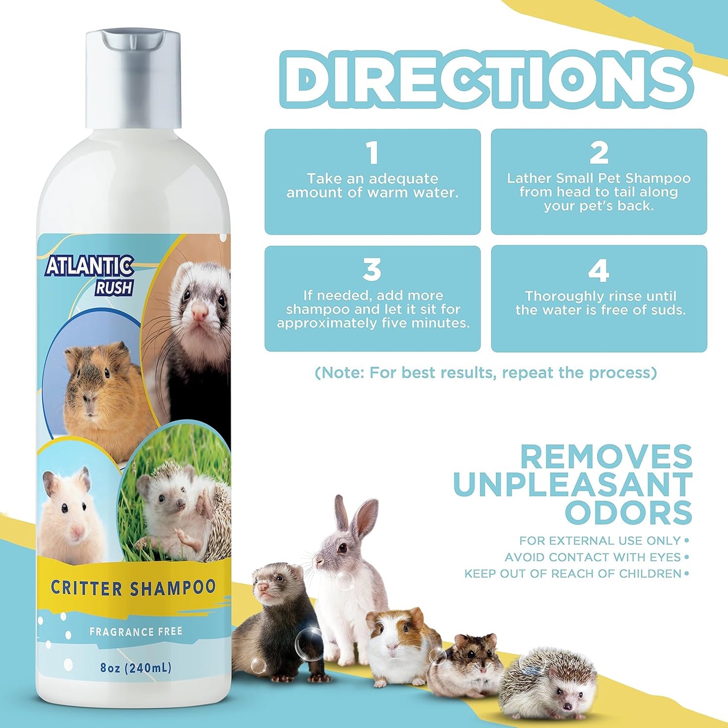 Critter Shampoo for Small Pets -Small Animal Fragrance & Detergent Free Shampoo - Sensitive Skin Shampoo for Ferrets, Guinea Pigs, Rabbits, Hedgehogs, Hamsters & Sugar Gliders (8 oz Fragrance Free)