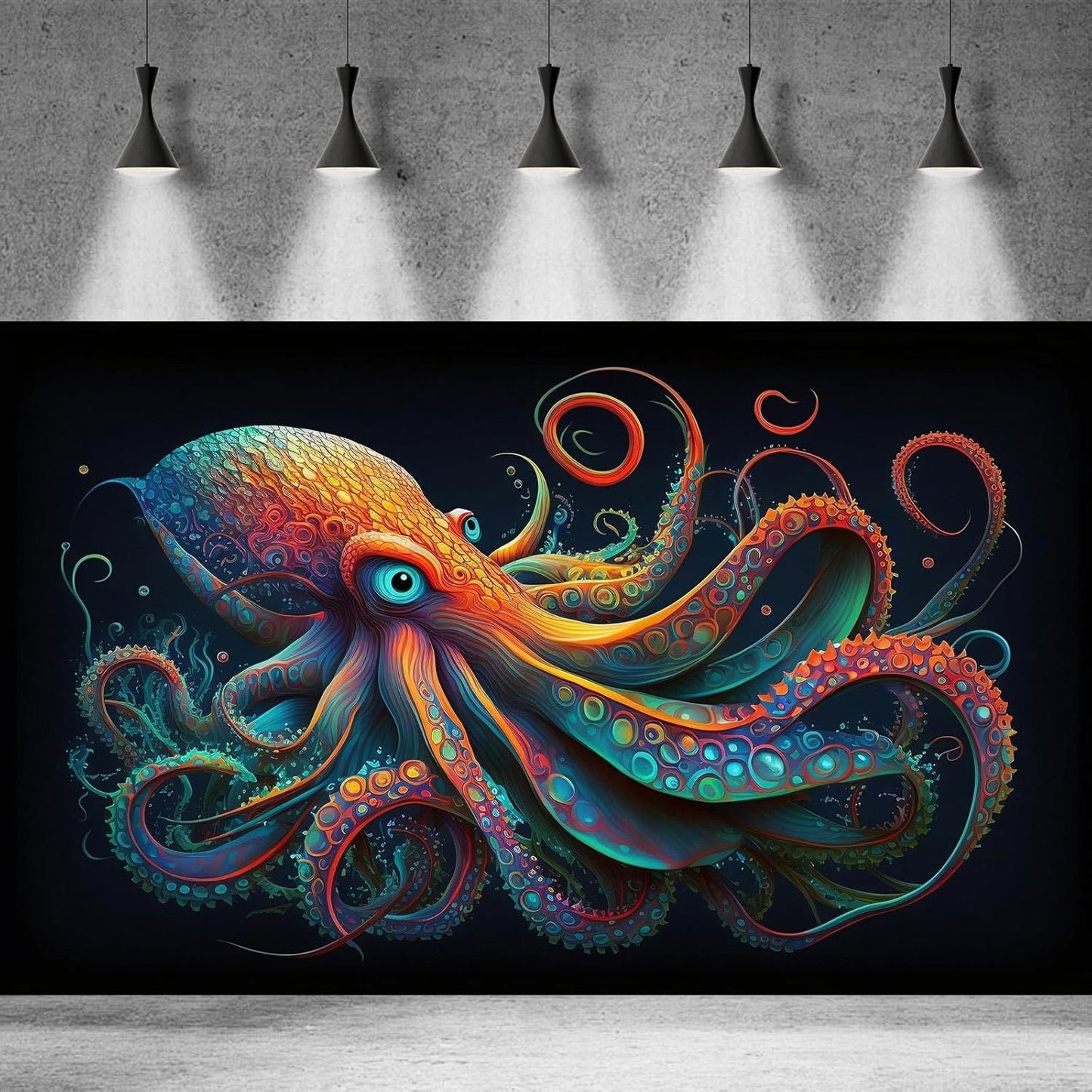 Octopus Aquarium Background Abstract Colorful Octopus Terrarium Background Glowing Octopus on Black Background Fish Tank Backdrop Poster Wallpaper Decorations Vinyl 72x16in