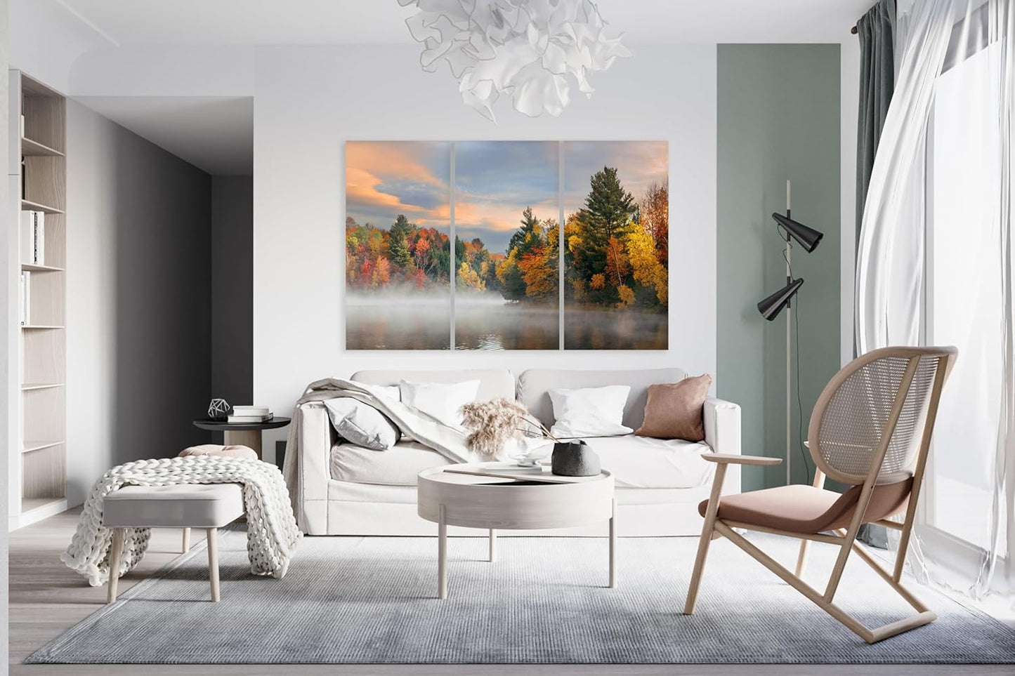 Nature Wall Art Prints - Ocean Forest Mountain Lake Canvas Landscapes - Small to Extra Large Living Room Bedroom Kitchen Bathroom Décor (Misty Fall Reflection, 31L" x 47W" - 3 Panels)