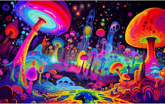 Fantasy Mushrooms Aquarium Background Abstract Mysterious Mushroom Landscape Terrarium Background Amazing Rainbow Mushrooms Theme Fish Tank Backdrop Poster Wallpaper Decorations Vinyl 24x16in