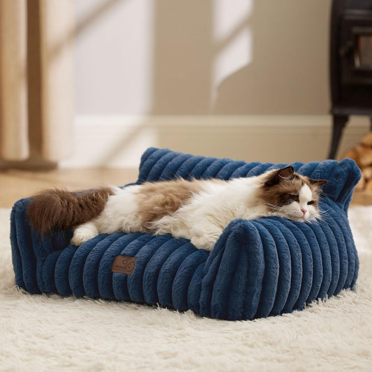 Bedsure Cute Cat Couch for Pets - Fluffy Cat Sofa with Premium Soft Corduroy Fleece, Fuzzy Pet Couch Bed with Removable Washable Cover, Supportive Pet Chair for Indoor Cats, 24inch, Night Blue