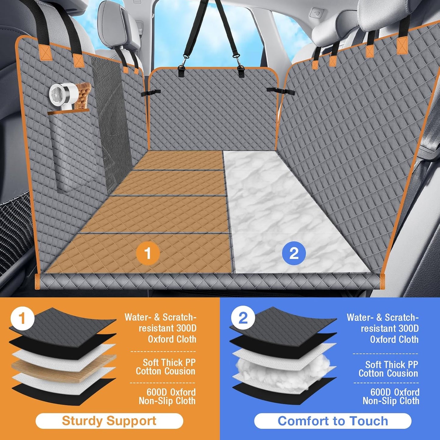 Dog Car Seat Cover for Back Seat, Dog Car Bed Cover with Strong Hard Bottom, Back Seat Extender Hammock for SUV Truck,4 Panels Gray Color