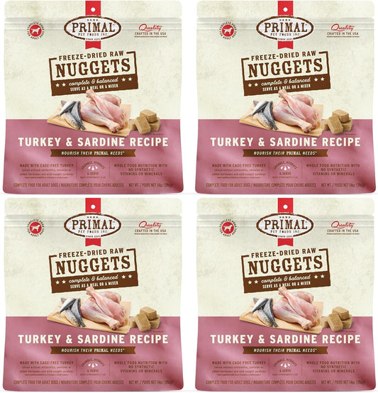 Primal Freeze Dried Raw Dog Food Nuggets, Turkey & Sardine, Complete & Balanced Meal, Also Use as Topper or Treat, Premium, Healthy, Grain Free, High Protein Raw Dog Food, 14 oz (Pack of 4)