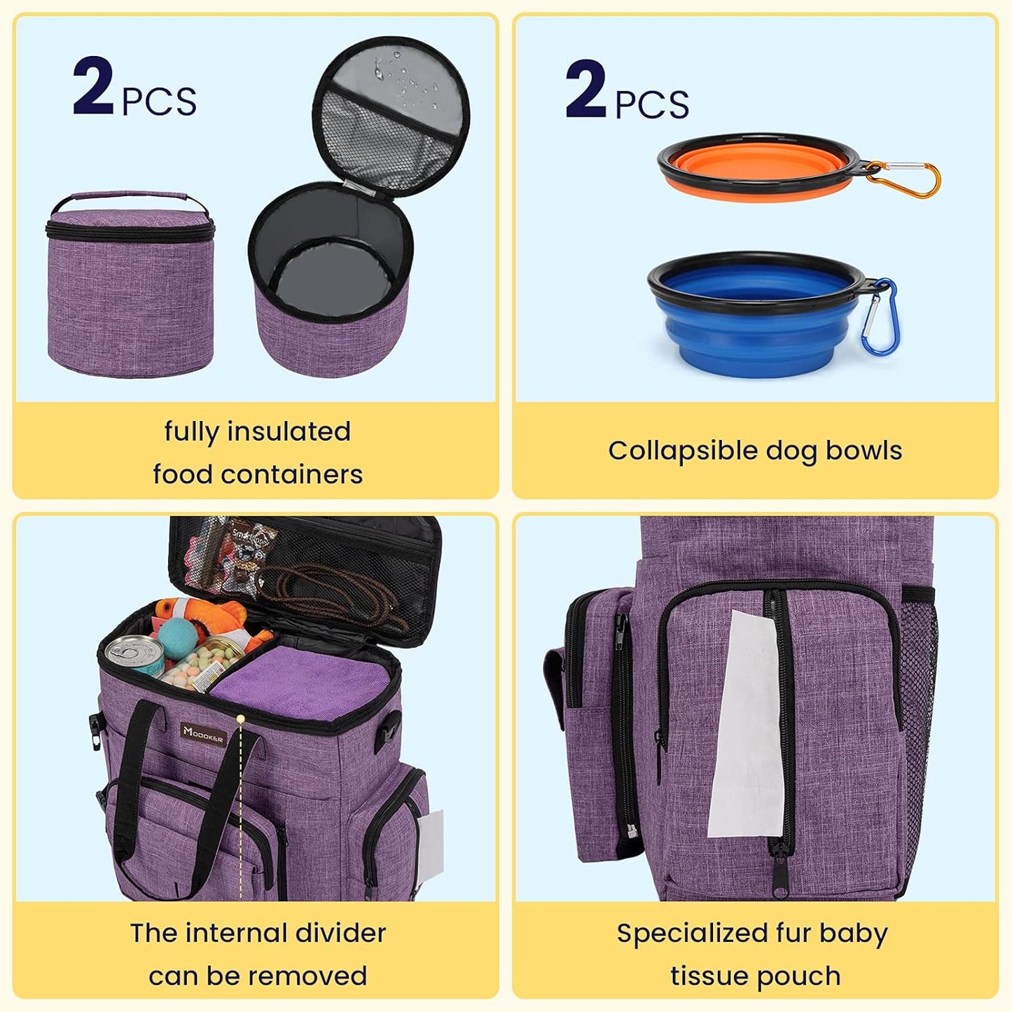 Modoker Dog Travel Organizer Carriers for Supplies & Accessories, Airline Approved Cat Pet Travel Bag, 2 Collapsible Bowls, 2 Travel Dog Food Container, Purple