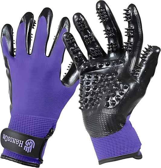 H HANDSON Pet Grooming Gloves - Patented #1 Ranked, Award Winning Shedding, Bathing, & Hair Remover Gloves - Gentle Brush for Cats, Dogs, and Horses (Purple, Large)
