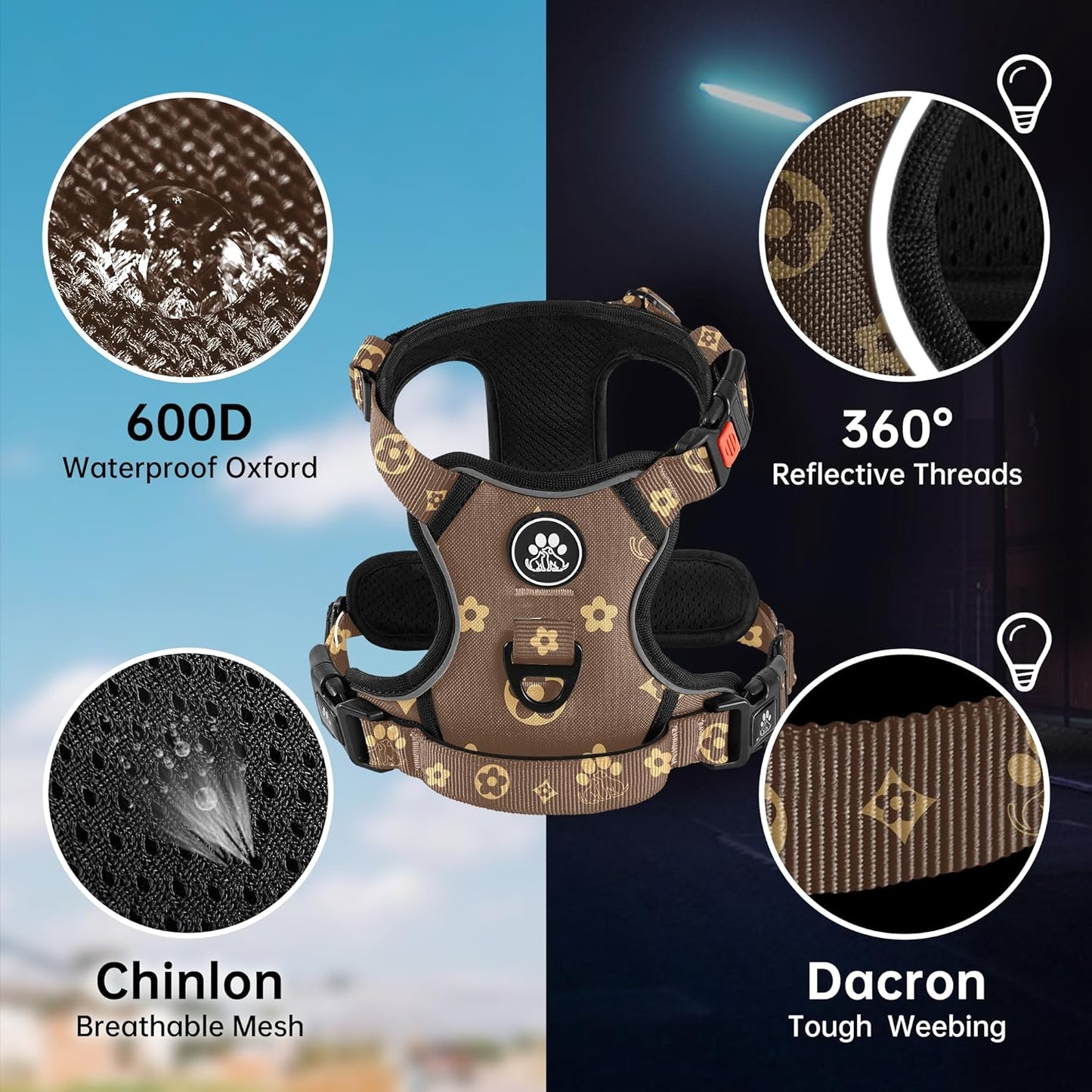 NESTROAD No Pull Dog Harness,Adjustable Oxford Dog Vest Harness with Leash,Reflective No-Choke Pet Harness with Easy Control Soft Handle for Large Dogs(X-Large,Dark Brown)