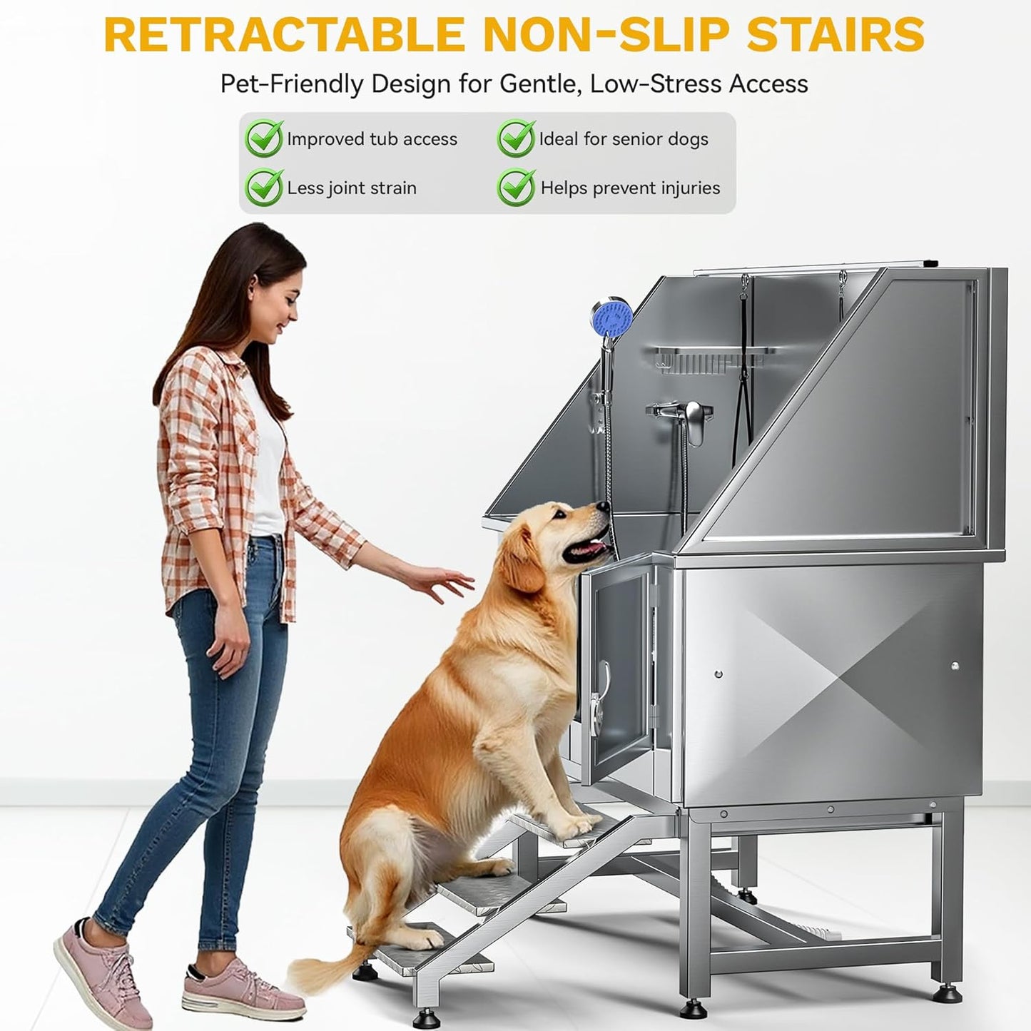 DWVO Professional Pet Dog Bathing Station for Grooming, 50'' Dog Grooming Bathtub with Right Staris, Floor Grate, Faucet, Showerhead & Soap Holder for Large, Medium & Small Pets