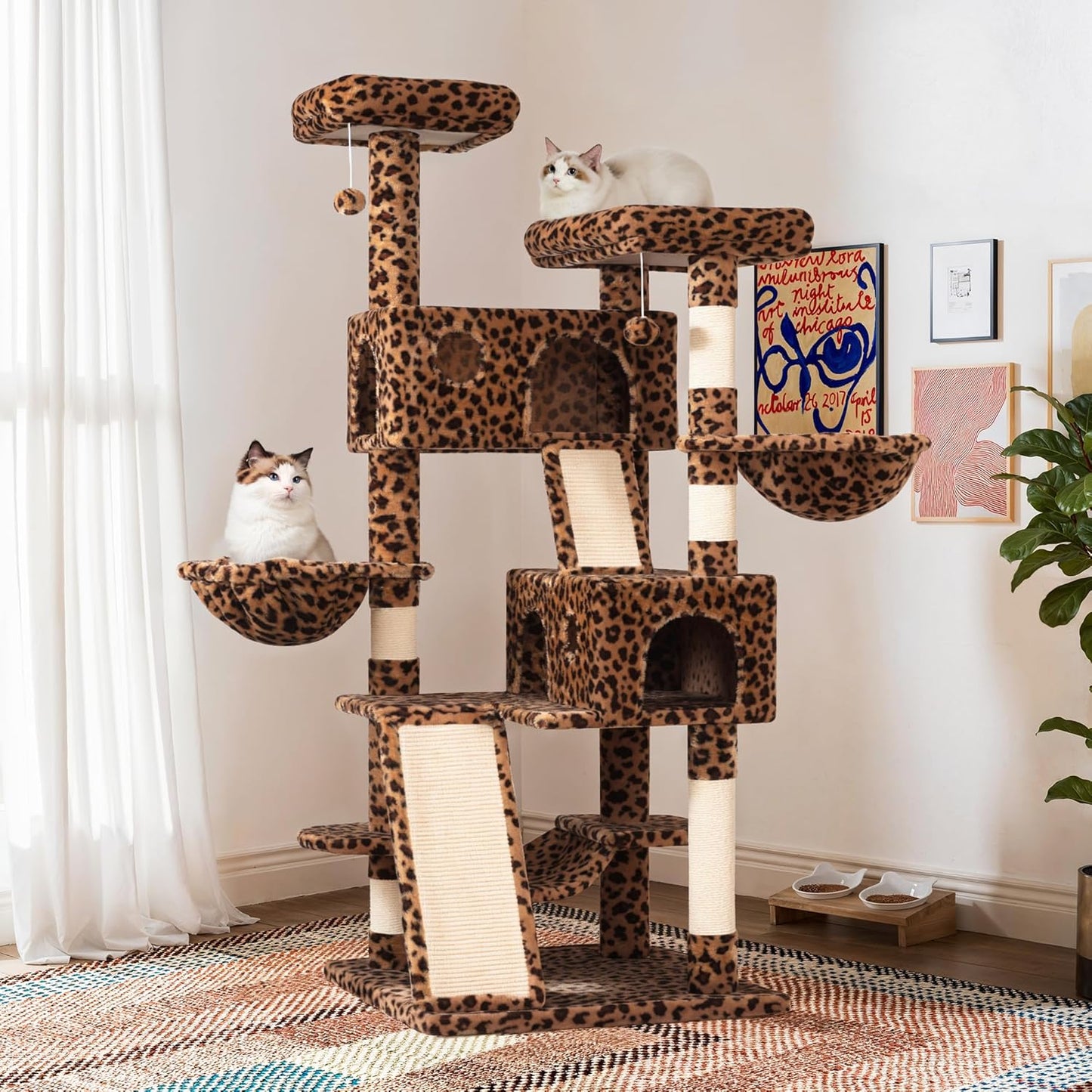 SHA CERLIN 65in Larger Cat Tree Tower Condo for Indoor Kitties/Multi-Level Furniture Activity Center with Wide Base/Cozy Plush Cat Perches/Baskets/Sisal Scratching Posts and Hammock/Leopard Print