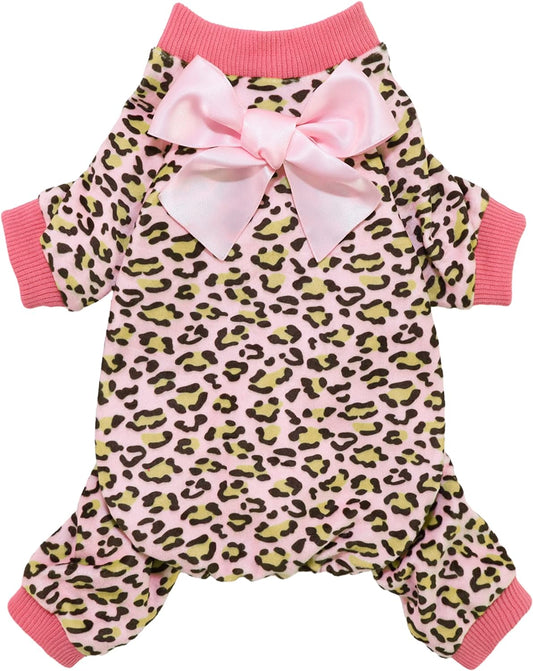 Fitwarm Leopard Dog Pajamas, Fleece Dog Clothes for Small Dogs Girl with Legs, Pet Onesie, Cat Outfit, Pink, Medium