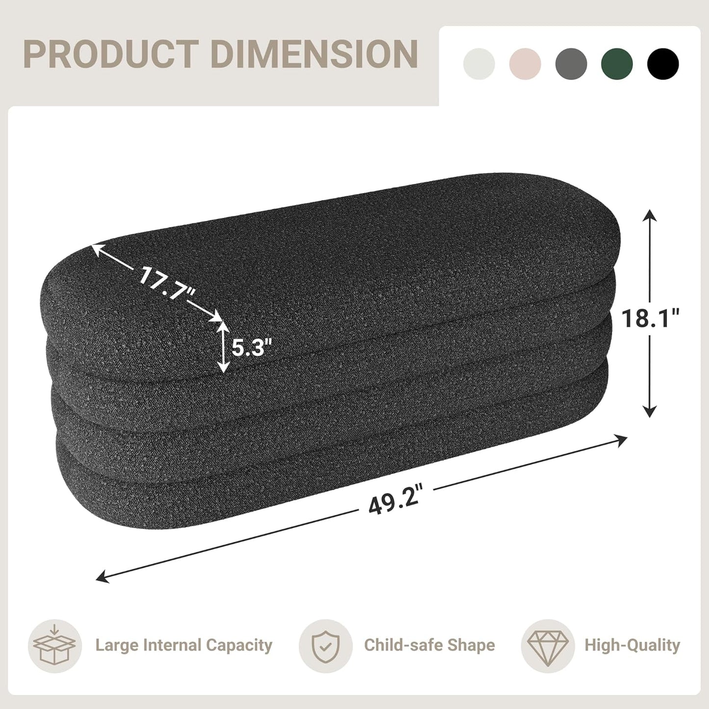 Storage Ottoman Bench 49.2 Inch Upholstered Fabric Storage Bench for Bedroom End of Bed Aesthetic Large Oval Ottoman for Living Room Entryway (Black)