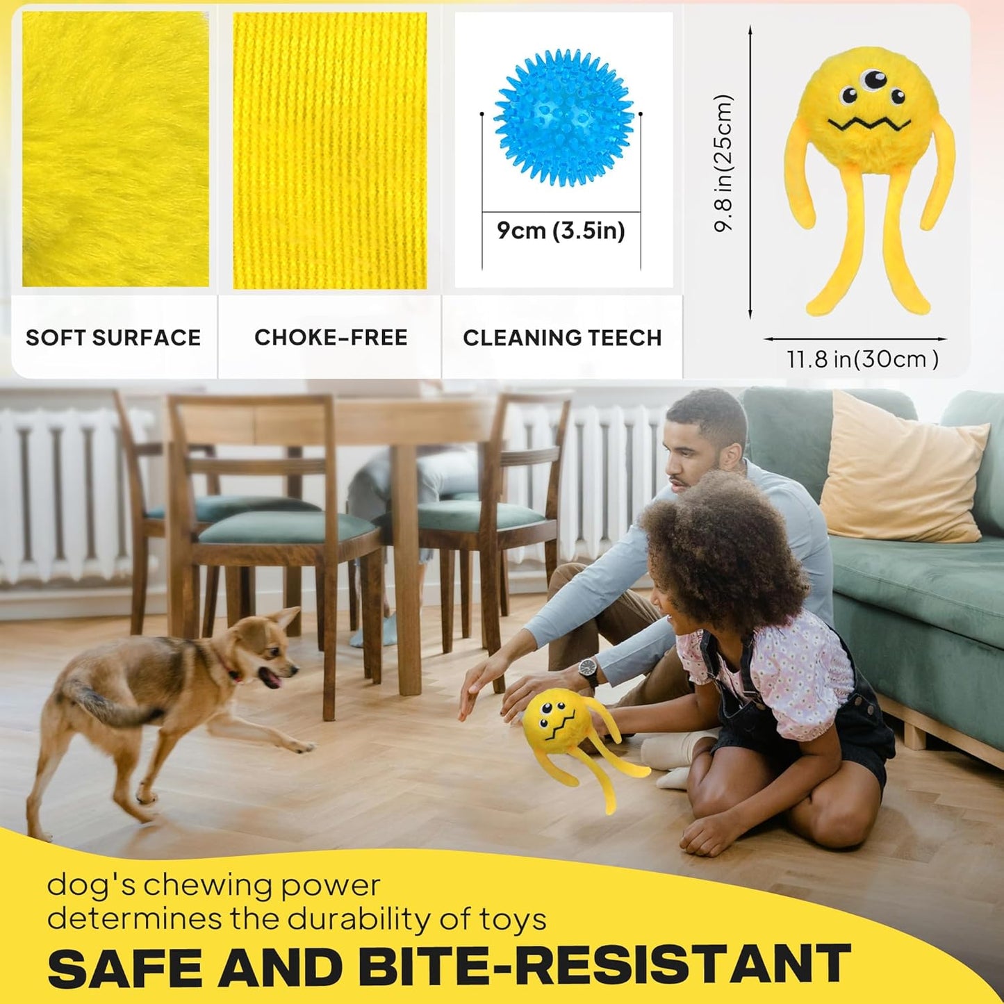 Fida Dog Chew Toys for Aggressive Chewers(3in1), Squeaky Dog Toys for Large Dogs, Interactive Dog Toys to Keep Them Busy, Dog Ball for Small, Medium and Large Dogs(Yellow)