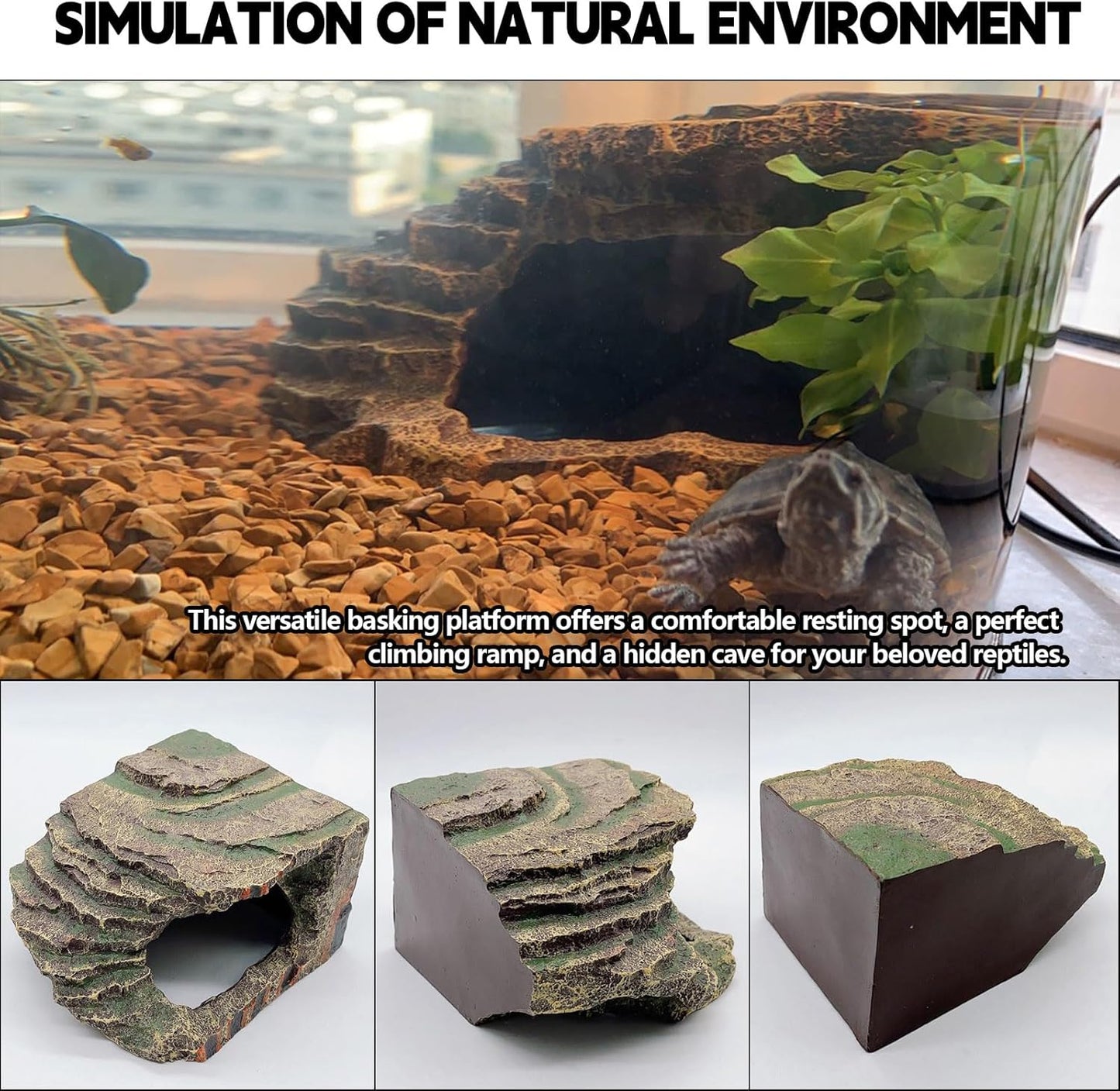 kathson Turtles Basking Platform Tortoise Resting Terrace Climbing Ramp Resin Dock Tank Decorations Reptile Hiding Cave Hideouts for Aquatic Turtles, Frog, Newts and Salamanders,Small