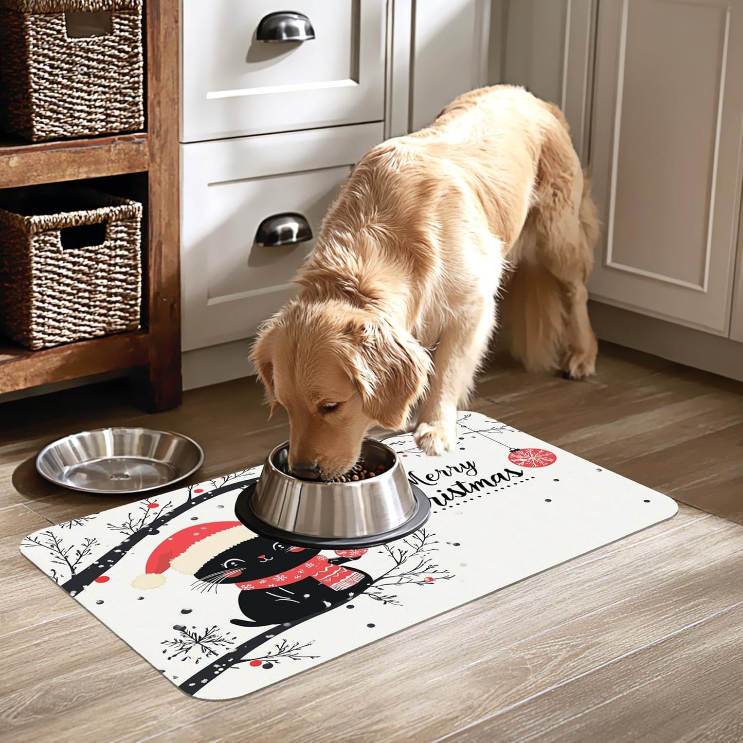 Christmas Black Cat Pet Feeding Mat-Quick Dry Absorbent Dog Cat Food Mat, Anti-Slip Water Bowl Mats for Messy Eaters-No Stains Indoor Pet Accessories 12"x20"