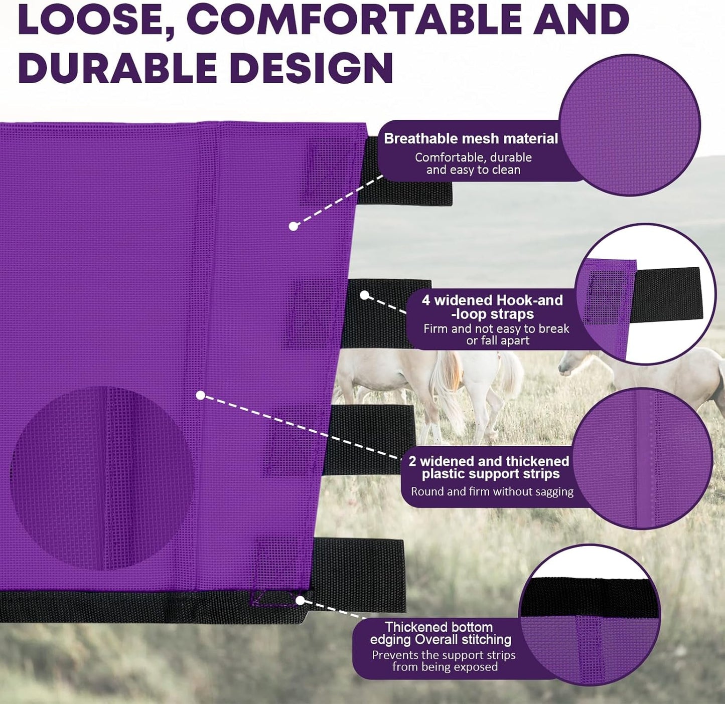 Premium 4-Pack Horse Fly Boots & Leggings Loose-Fit Fine Mesh with Stay-On Fasteners, Support Strips & Anti-Stomp Design Breathable Non-Slip Protection Leg Wrap (Large) Lavender Purple