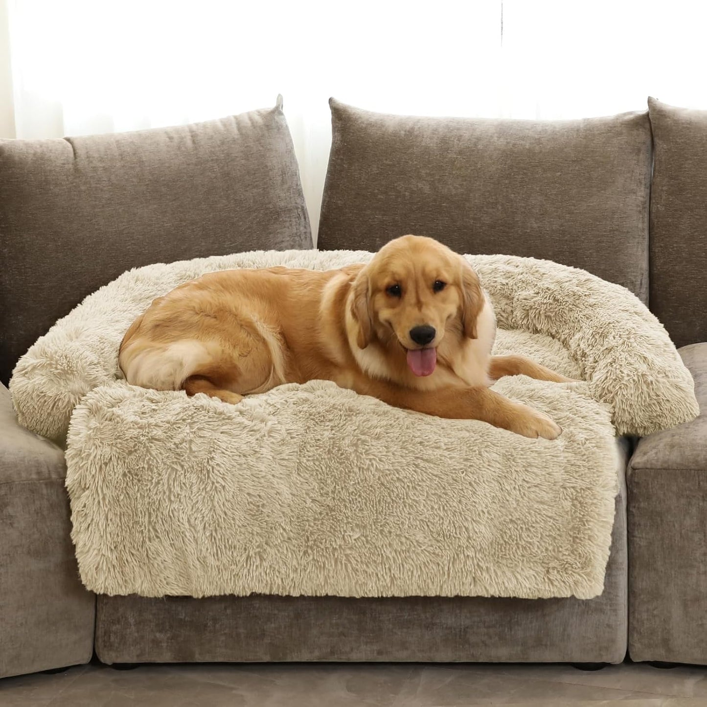 Calming Dog Bed Fluffy Plush Dog Mat for Furniture Protector with Removable Washable Cover for Large Medium Small Dogs and Cats (Extra Large (53x39.3x6), Beige)