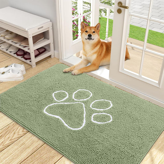 OLANLY Door Mat for Muddy Dog Paws 48x30, Ultra Absorbent Chenille Mud Doormat with Paw Print Design, Non-Slip Washable Doormat for Indoor Entryway, Quick-Dry Pet Bed Mats for Dirty Dogs, Sage Green