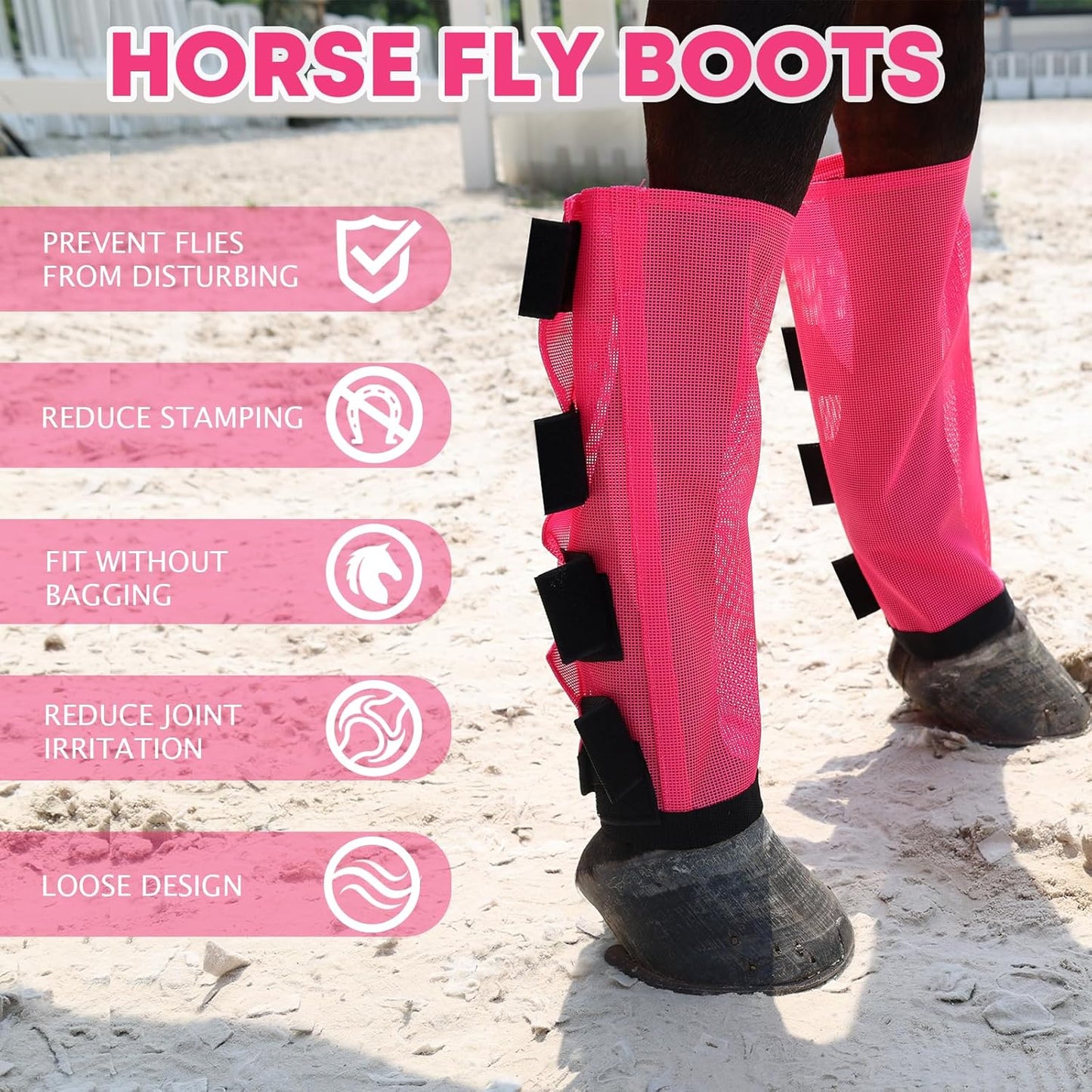 Premium 4-Pack Horse Fly Boots & Leggings Loose-Fit Fine Mesh with Stay-On Fasteners, Support Strips & Anti-Stomp Design Breathable Non-Slip Protection Leg Wrap (Large) Rose Pink