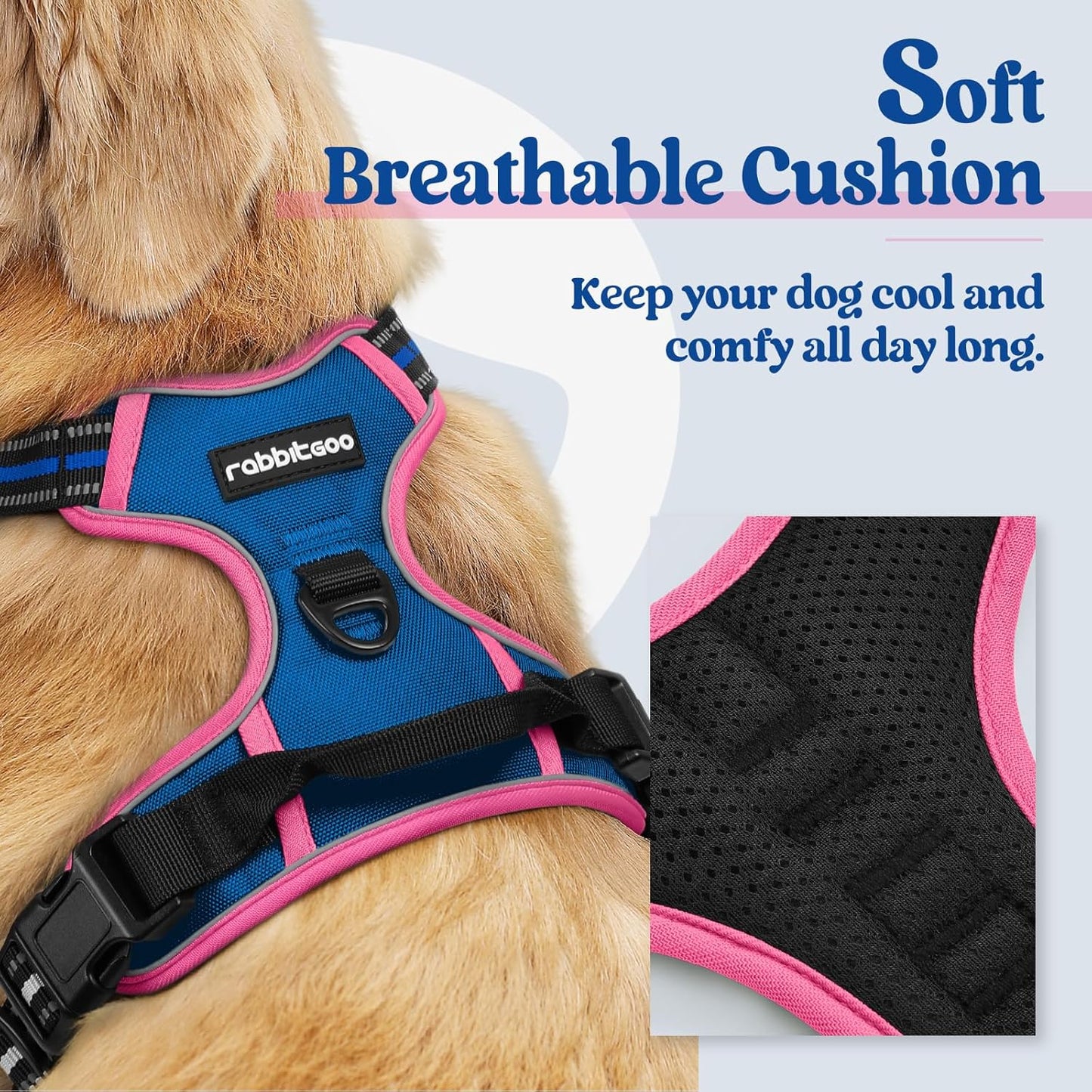 rabbitgoo Dog Harness No Pull with 2 Leash Clips, Adjustable Soft Padded, Reflective Oxford No Choke Pet Vest with Easy Control Handle for Large Dogs, Blue & Hot Pink, M