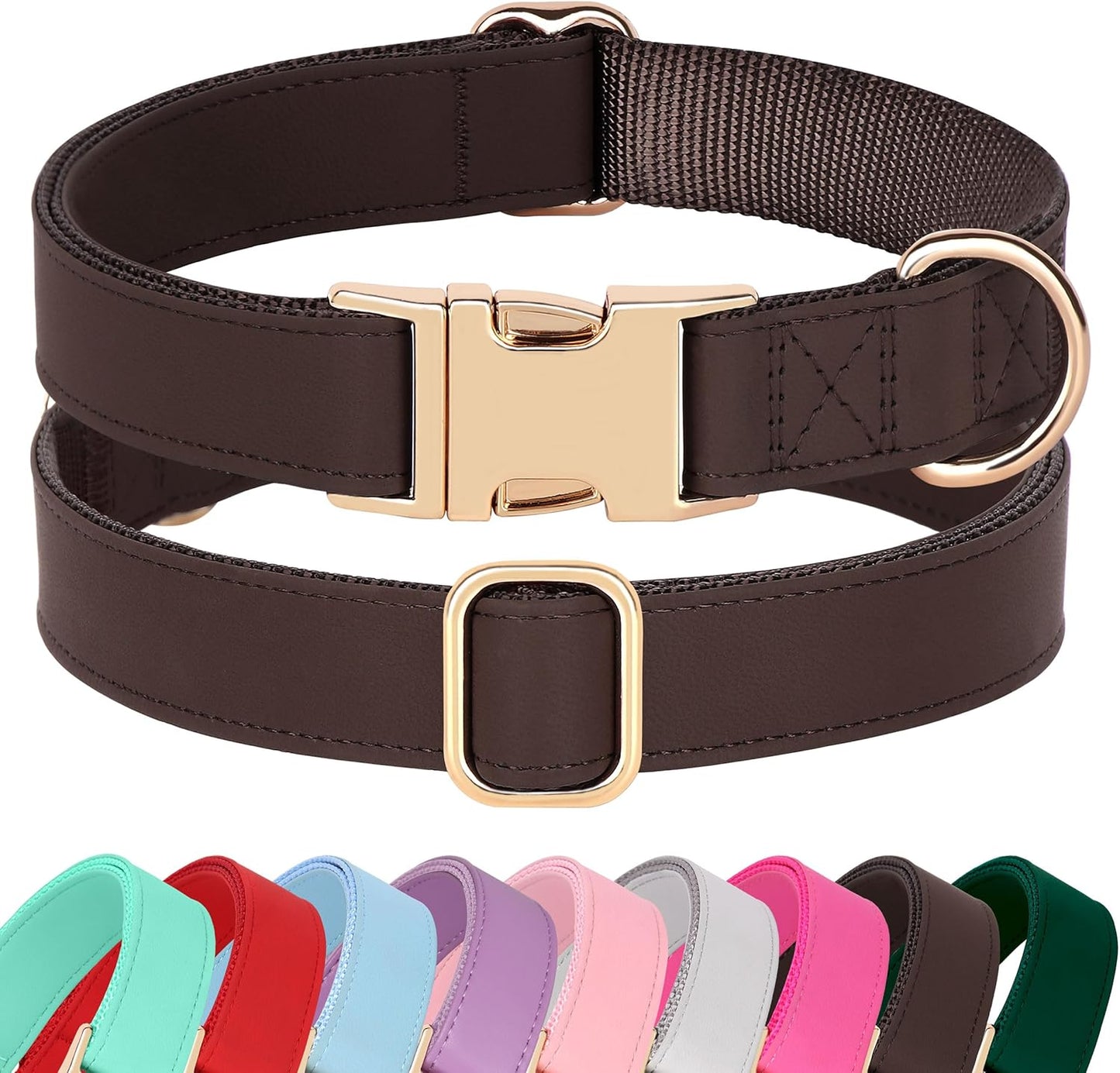 PET ARTIST PU Leather Dog Collar, Bright & Stylish Brown Dog Collar with Quick Release Gold Metal Buckle, Soft Nylon Padded Durable Pet Collars Adjustable for Medium Dogs, Neck Fit 13-19"